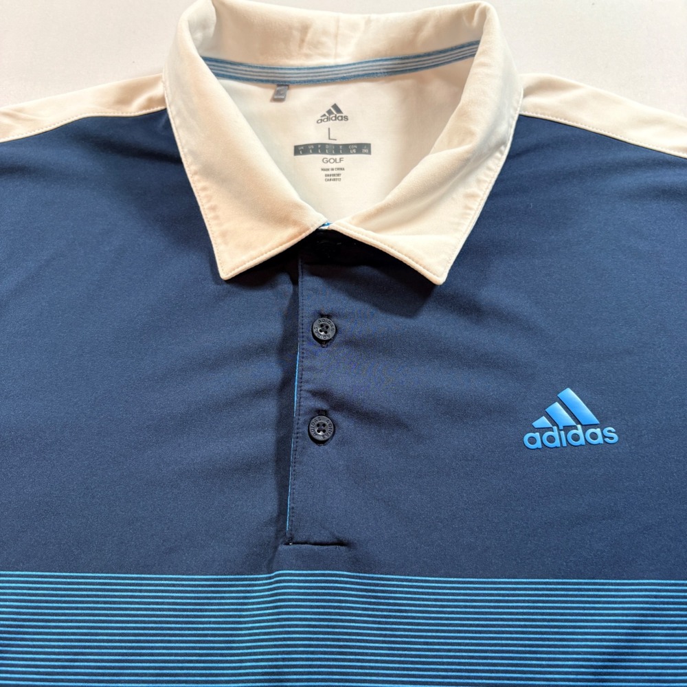 Adidas Golf Polo Shirt Mens Large Navy White Striped Colorblock Performance Top